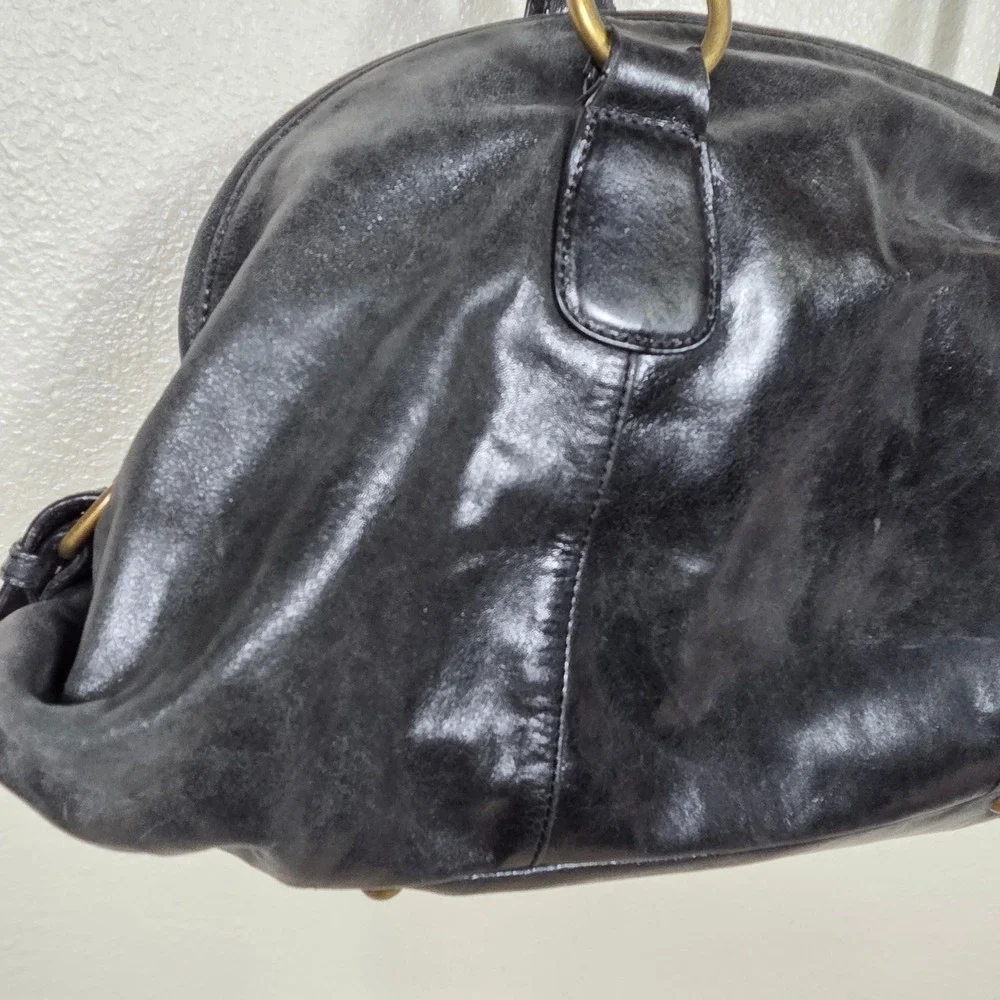 HOBO International Black Leather Satchel Handbag Brass Hardware
